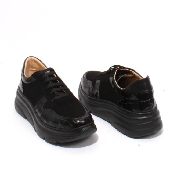 ITALIAN Black Leather Suede Lace-Up Sneaker Shoes - Picture 2 of 8